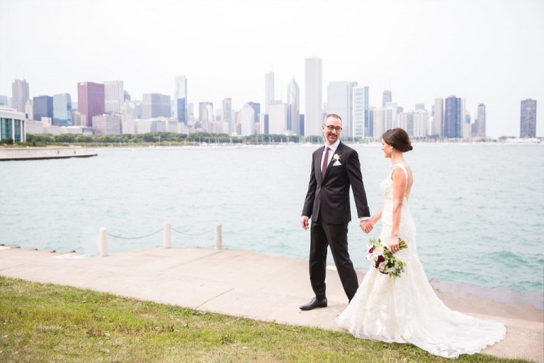 Wedding portraits at Adler Planetarium | Chicago skyline | © Rebecca Hellyer Photography